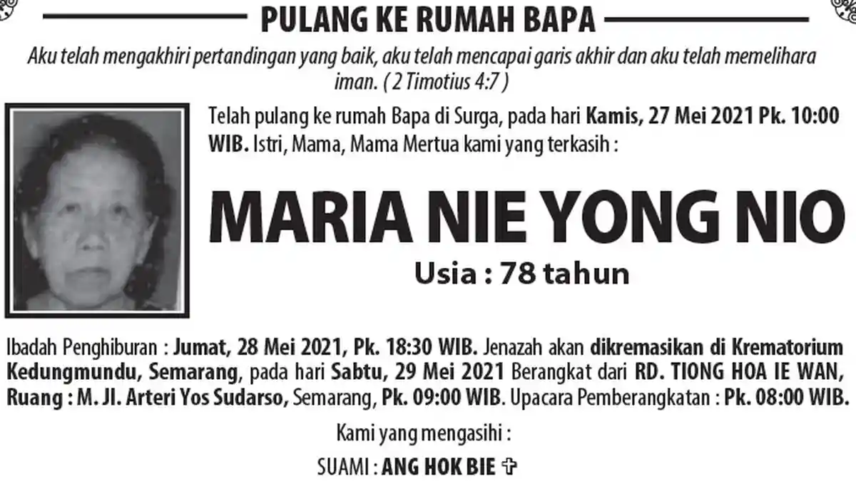 Berita Duka, Maria Nie Yong Nio Meninggal Dunia di Semarang