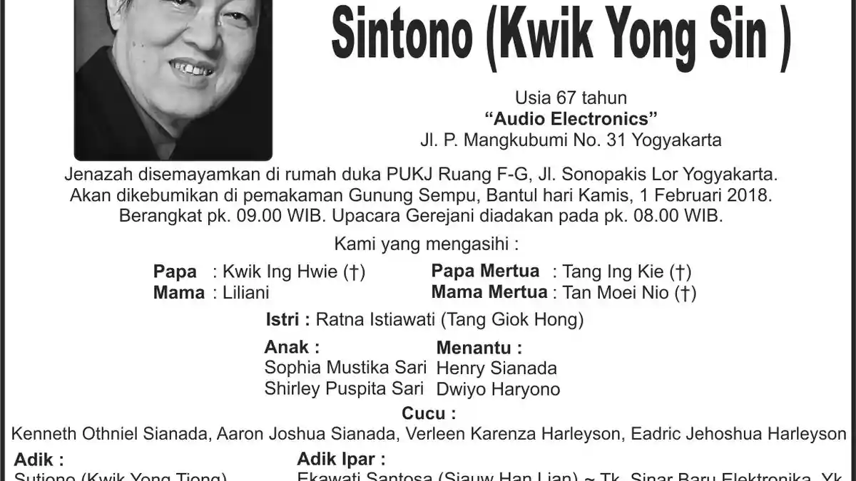 Berita Duka, Sintono (Kwik Yong Sin) Meninggal di Singapura