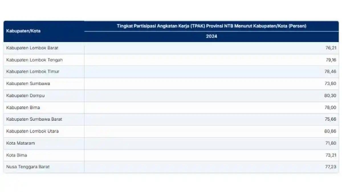 Tingkat Partisipasi Angkatan Kerja NTB 2024: Kota Mataram Paling Rendah
