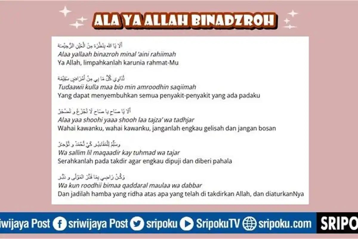 Lirik Sholawat Ala Ya Allah Binadzroh Lengkap Arab, Latin & Arti Doa Kesembuhan