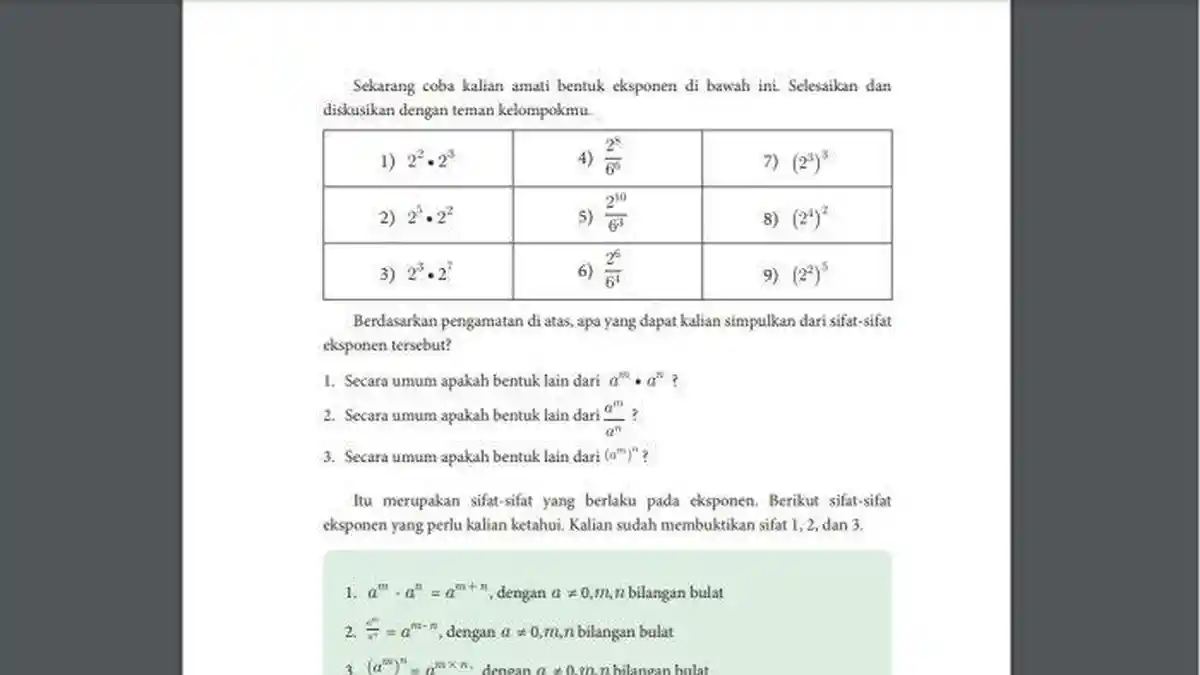 KUNCI JAWABAN Matematika Kelas 10 Halaman 7 Kurikulum Merdeka, Bab 1 Materi Eksponen & Logaritma