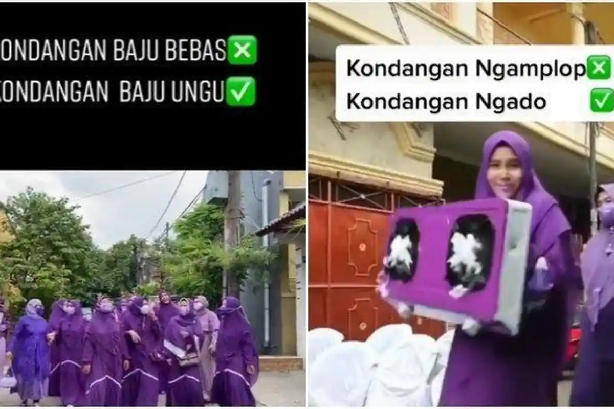 Viral Ibu-ibu Berseragam Serba Ungu Datang ke Kondangan Bawa Hadiah yang Juga Berwarna Ungu