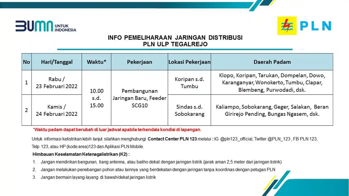 Info Pemeliharaan Jaringan Listrik PLN ULP Tegalrejo Magelang 23-24 Februari 2022