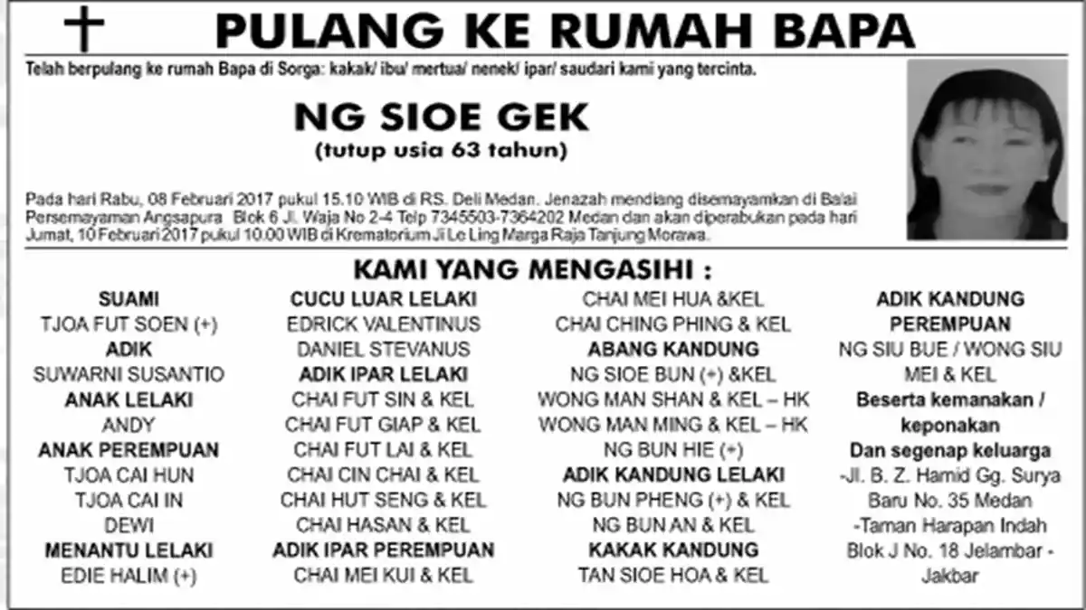 KABAR DUKACITA: Telah Berpulang ke Rumah Bapa di Surga Ng Sioe Gek