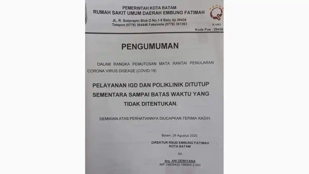 Tutup Sementara, Semua Tenaga Medis IGD dan Poliklinik RSUD Embung Fatimah Batam Bakal Di-Rapid Test