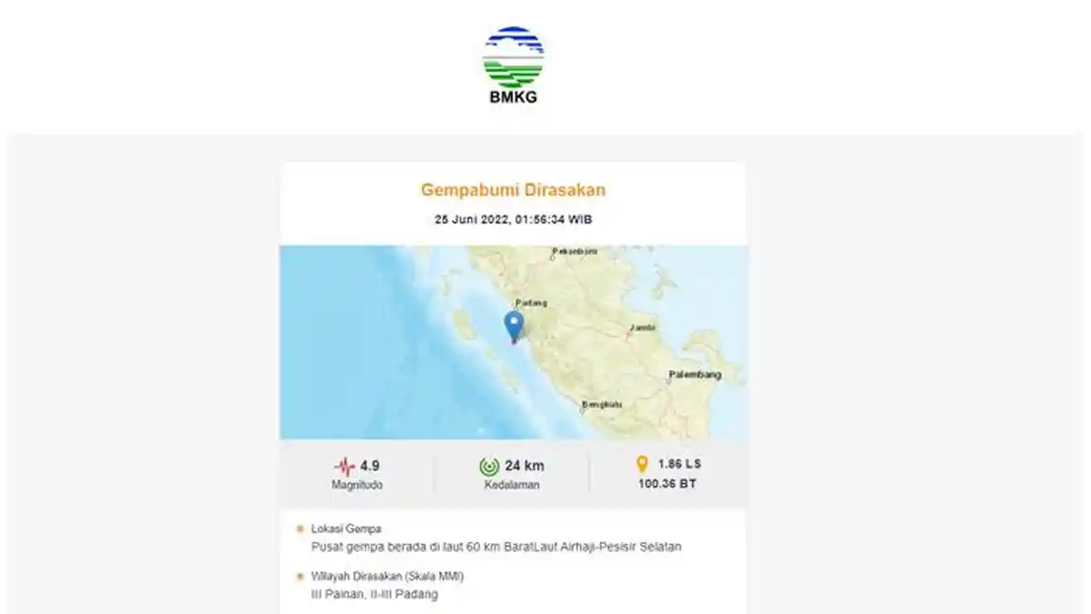 Gempa M 4,9 Guncang Pesisir Selatan Sumbar, BMKG: Dirasakan di Padang dan Painan