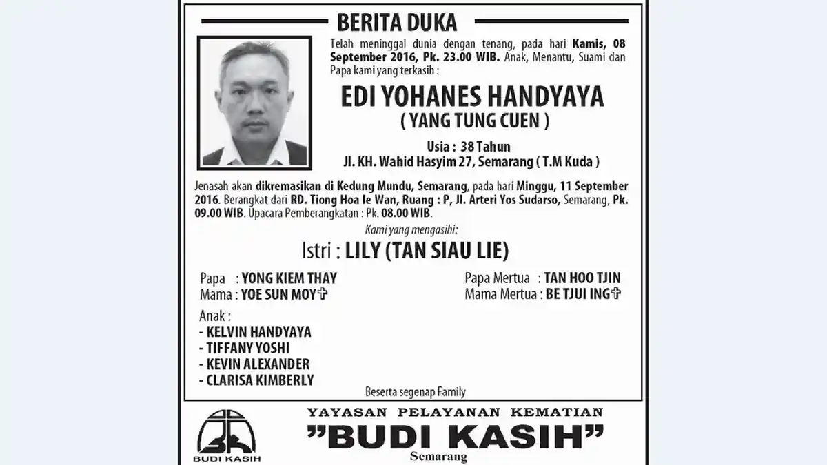 Berita Duka - Edi Yohanes Handyaya (Yang Tung Cuen)