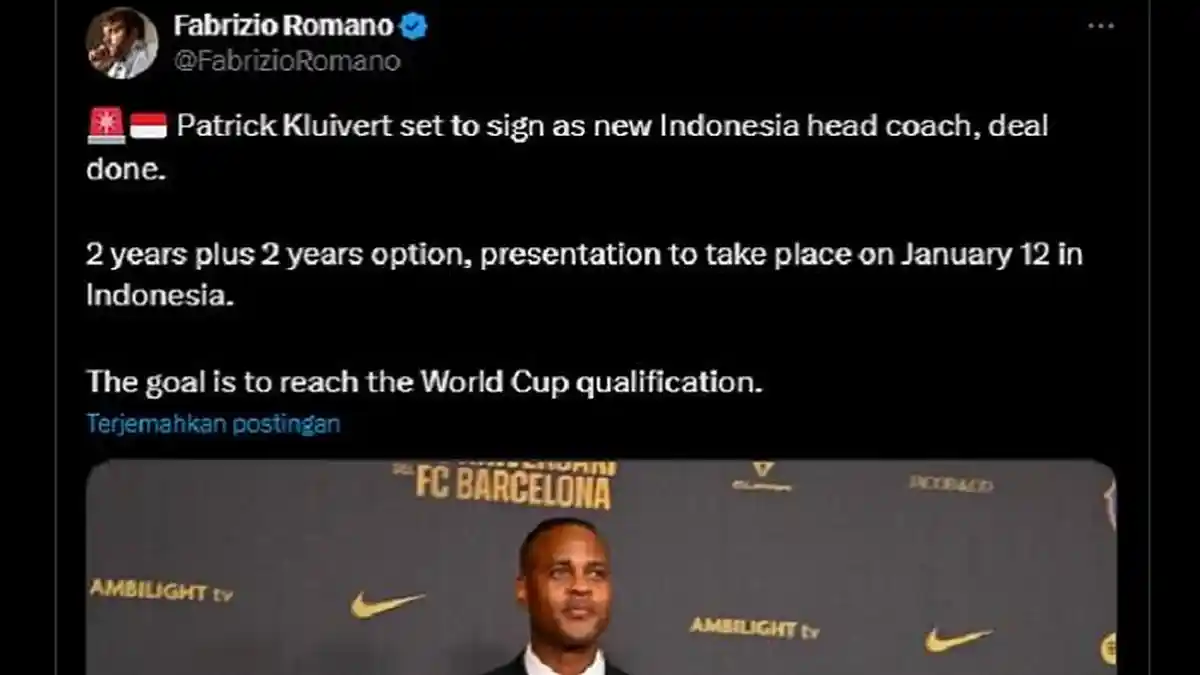 Here We Go! Fabrizio Romano Sebut Patrick Kluivert Dikontrak 2 Tahun Melatih Timnas Indonesia