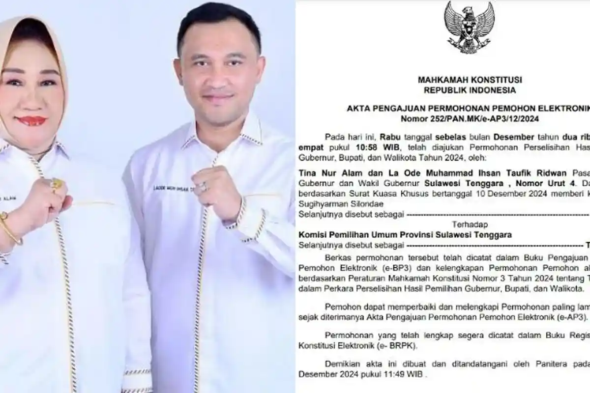 Tina Nur Alam dan Ihsan Gugat Hasil Pilkada Sulawesi Tenggara 2024 ke MK, Sengketakan KPU Sultra
