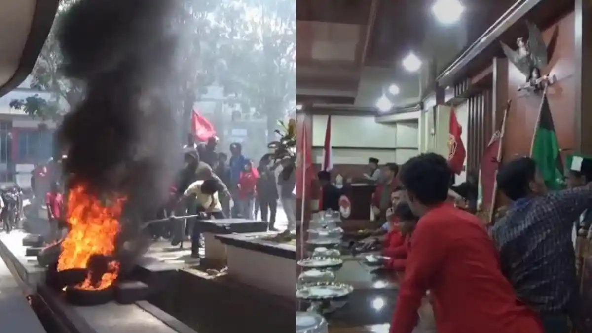 Mahasiswa Bakar Ban, Duduki Gedung DPRD Sultra, Tuntut RUU Perampasan Aset dan Nasib Guru Honorer