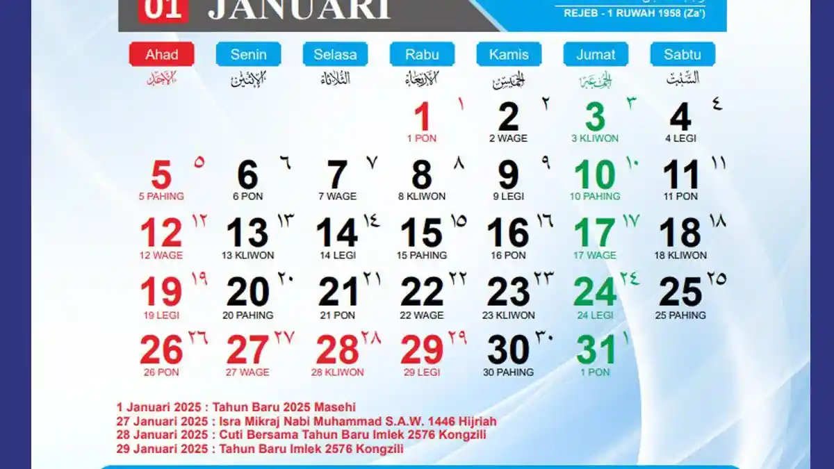 Kalender 2025 Lengkap Tanggal Merah Libur Idul Fitri, Hijriyah, Pasaran Jawa dan PDF-nya