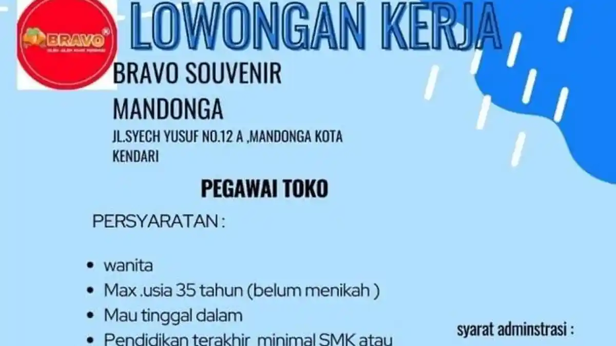 Lowongan Kerja Kendari Bravo Souvenir Mandonga Buka Rekrutmen Posisi Pegawai Toko