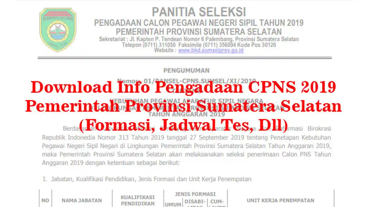 Download Formasi Penerimaan CPNS 2019 Pemprov Sumatera Selatan (Sumsel), Formasi, Jadwal Tes