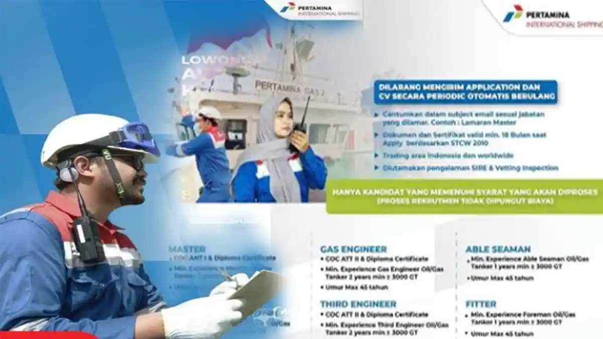 Lowongan Kerja di PT Pertamina International Shipping, Dibuka 15 Posisi, Ini Rincian dan Syaratnya