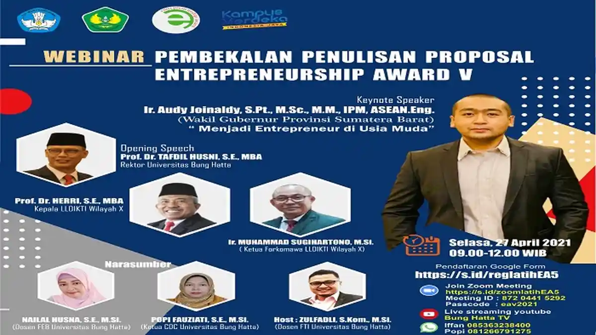 Entrepreneur Award V LLDikti Wilayah X, Universitas Bung Hatta Hadirkan Wagub Jadi Pemateri Webinar