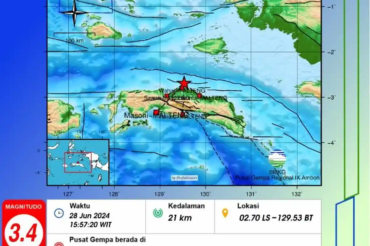 Gempa Terkini Getarkan Maluku Tengah Jumat 28 Juni 2024 Sore, Info BMKG Magnitudo 3.4 SR