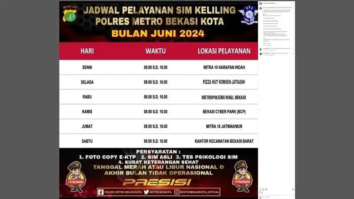 SIM Keliling Kota Bekasi, Selasa 4 Juni 2024 di Komsen Jatiasih Hingga Pukul 10.00 WIB