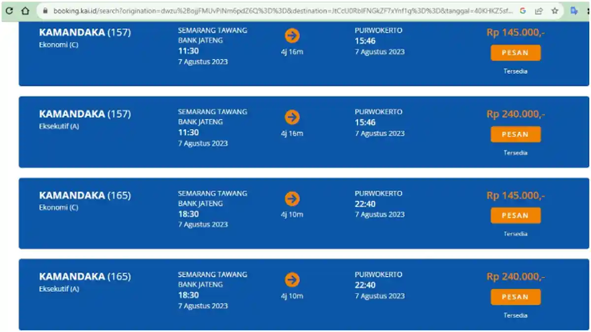 Jadwal KA Kamandaka Rute Semarang - Purwokerto PP untuk 7 Agustus 2023