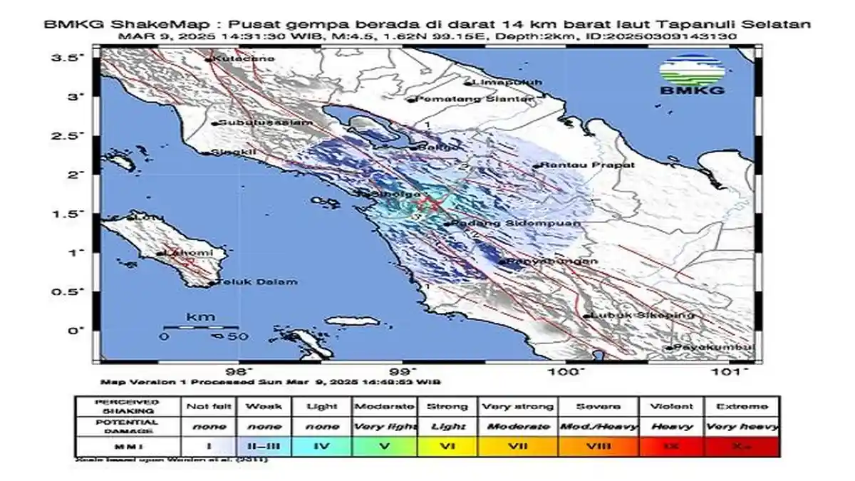 Update Gempa di Tapsel Sumut Minggu 9 Maret 2025, BMKG: Terasa di Pinangsori Hingga Padang Sidempuan