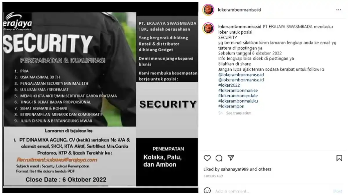 PT Erajaya Swasmbada Buka Lowongan Kerja: Posisi SECURITY, Penempatan di Kolaka, Palu, dan Ambon