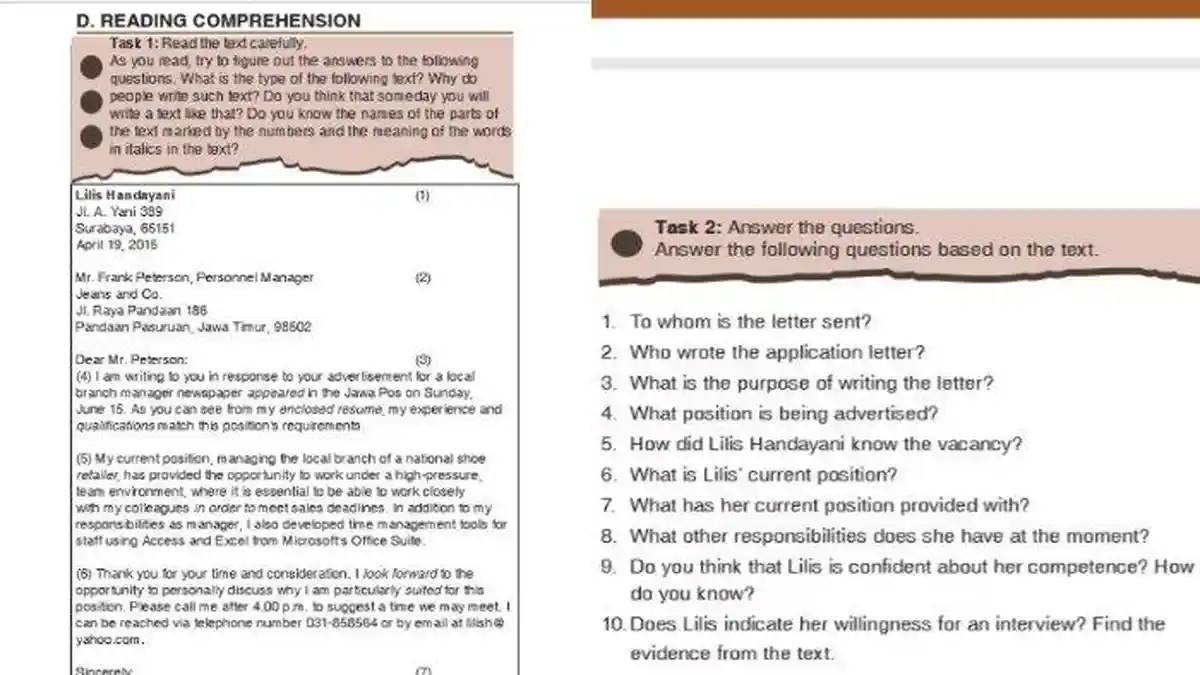 SOAL & KUNCI JAWABAN Pelajaran Bahasa Inggris Kelas 12 Hal 51 Task 2, Baca Teks Surat Lamaran Kerja