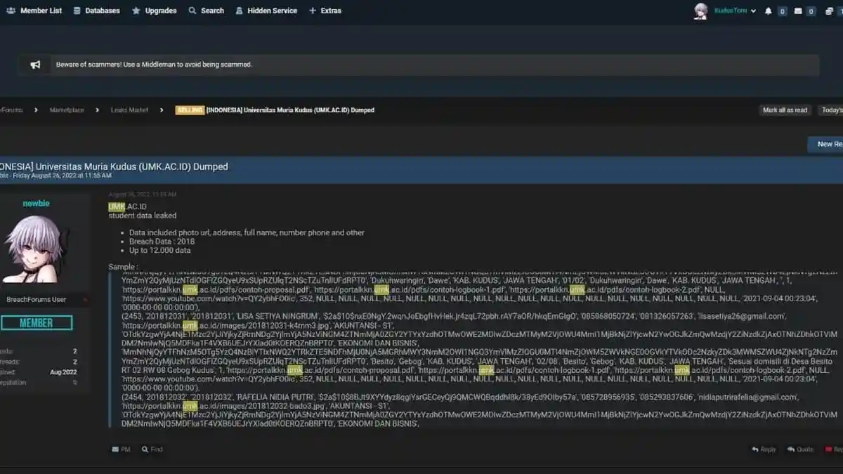 Website Universitas Muria Kudus Bobol, Data 12.000 Mahasiswa UMK Beredar di Situs Jual Data Bjorka