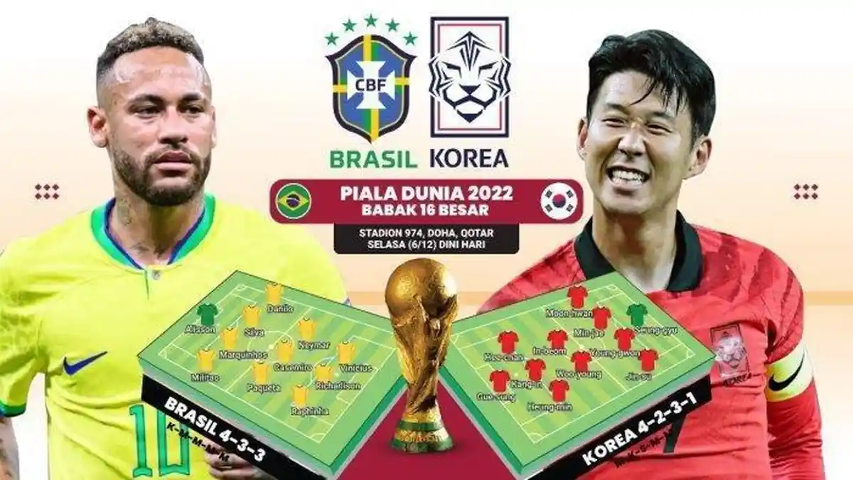 Head To Head Timnas Korsel vs Brasil, Susunan Pemain, Link Live Streaming, Kick Off 02.00 WIB