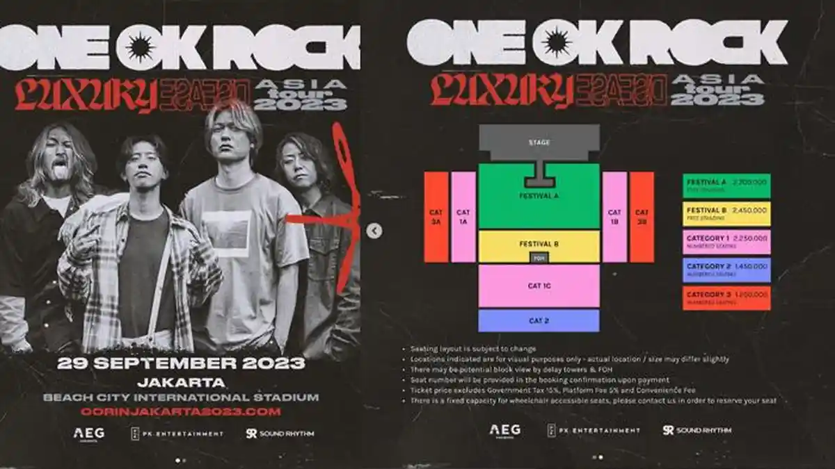 Harga Tiket Konser ONE OK ROCK Jakarta: CAT 3 Rp Rp 1.200.000 CAT 2 Rp 1.450.000 CAT 1 Rp 2.250.000