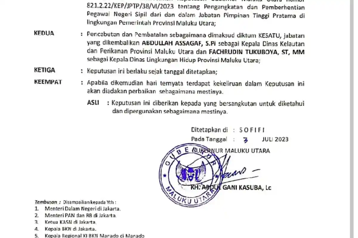SK  Abddullah Assagaf Jabat Lagi Jadi Kadis Kelautan dan Perikanan Maluku Utara Beredar Luas