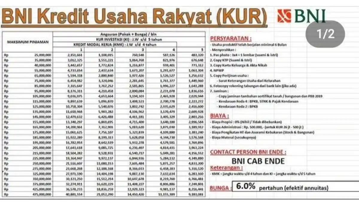 Tabel KUR BNI 2025, Bunga Pinjaman Rendah, Login e-Form BNI
