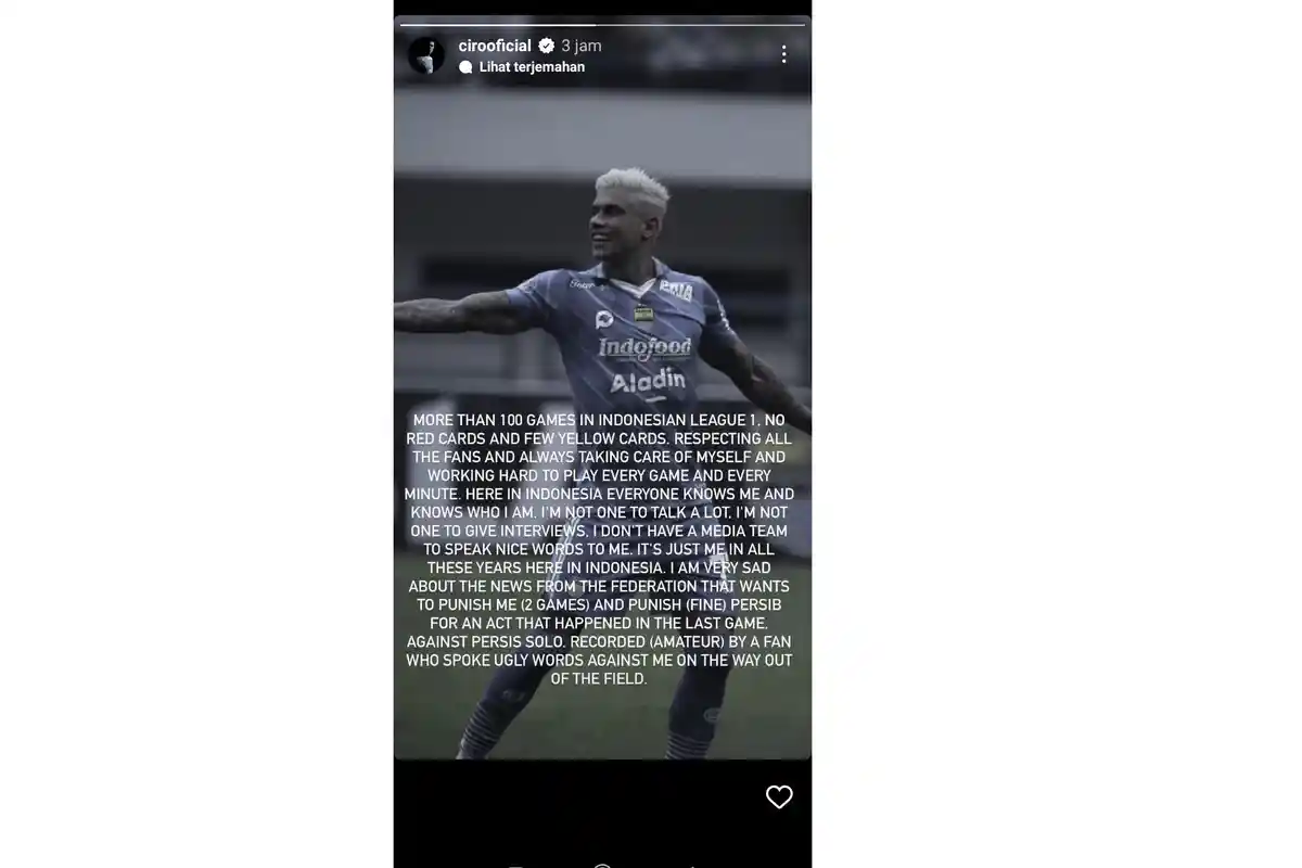 Striker Persib Bandung Ciro Alves Syok Dilarang Bermain: Lebih dari 100 Laga Tidak Ada Kartu Merah