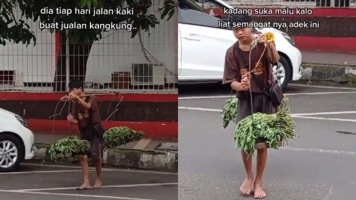 Video Bocah Penjual Sayur Kangkung Berjalan Tanpa Alas Kaki dari Pagi hingga Malam Hari