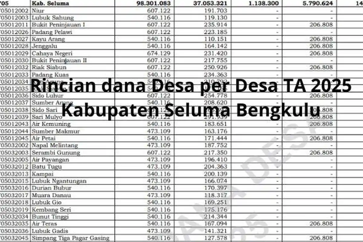 Rincian dana Desa per Desa TA 2025 Kabupaten Seluma Bengkulu, Ada Sebanyak 182 Desa