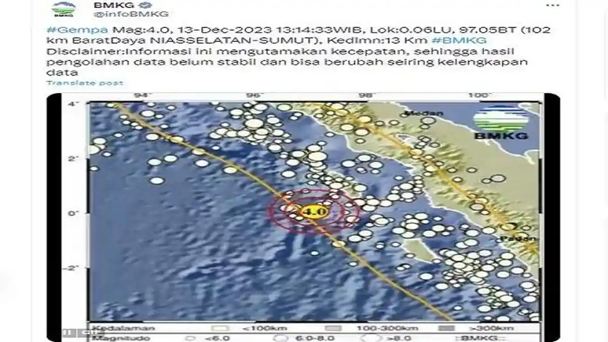 Gempa Terkini Rabu 13 Desember 2023 Getarkan Nias Selatan Sumut, Bermagnitudo 4.0