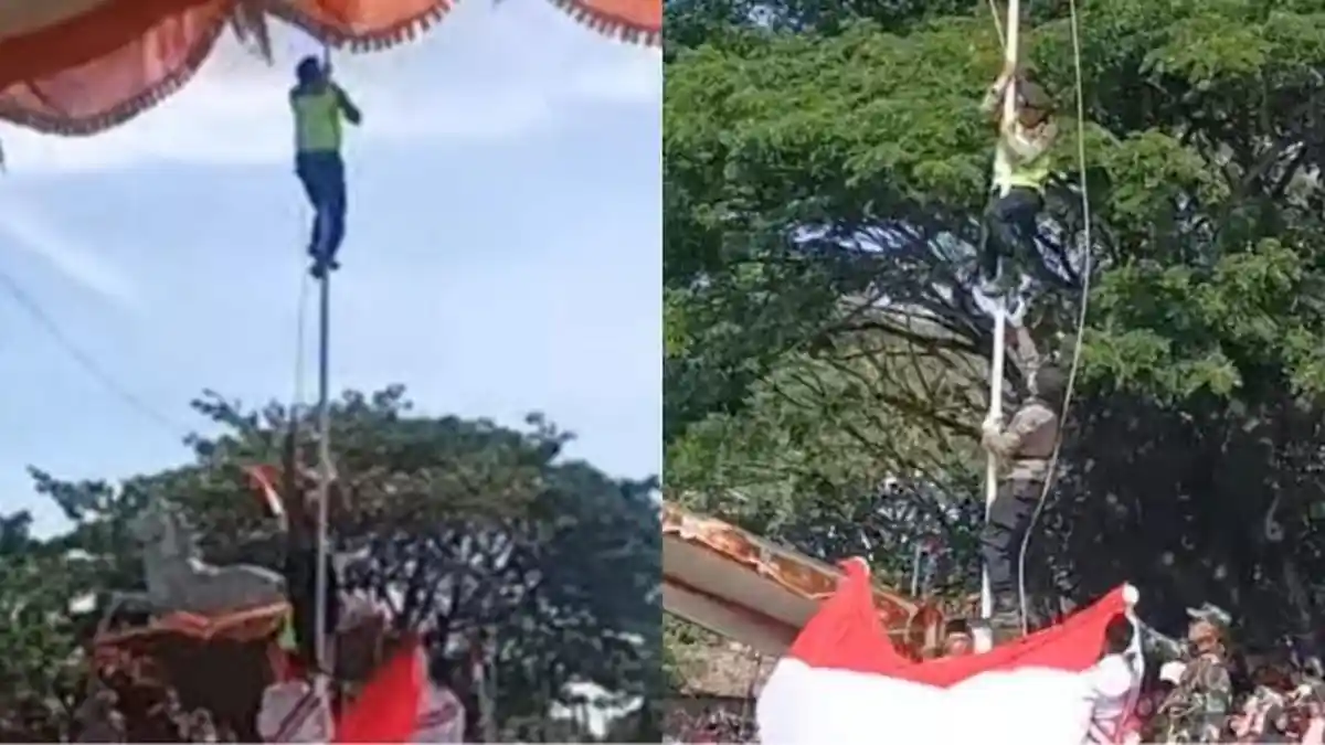 Aksi Heroik Bripka Suparno Panjat Tiang Bendera untuk Perbaiki Tali saat Pengibaran Sang Merah Putih