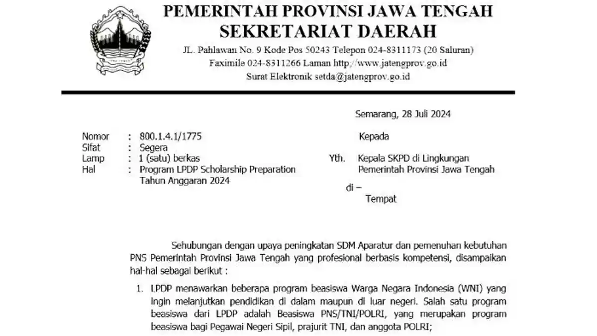 Pemprov Jateng Buka Pendaftaran Beasiswa LPDP 2024 untuk PNS, TNI, POLRI, Ini Cara Daftarnya