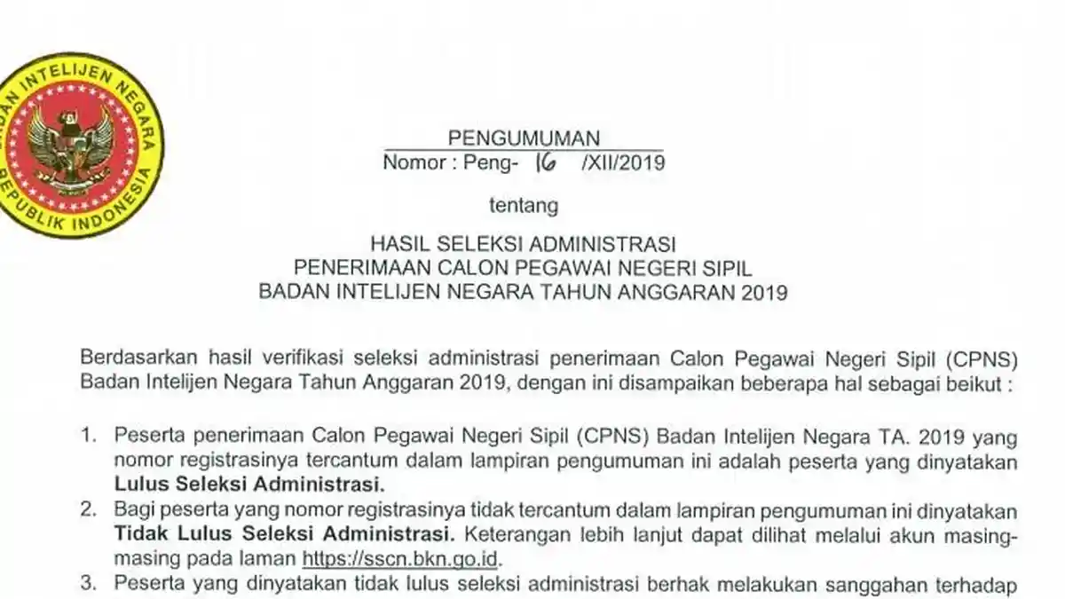 BIN Rilis Nama-Nama yang Lolos Seleksi Administrasi CPNS 2019, Cek Nama Anda Disini!