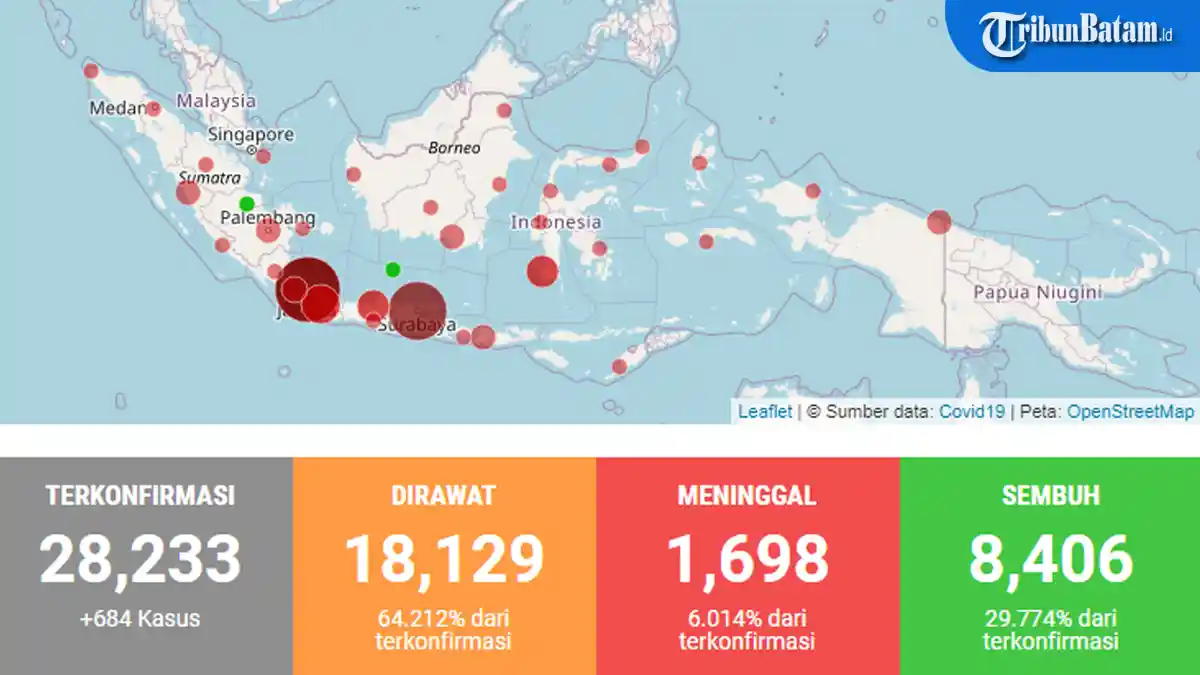 Data Corona 34 Provinsi di Indonesia Kamis (4/6) Pagi, Total 28.233, Sembuh 8.406, Meninggal 1.698