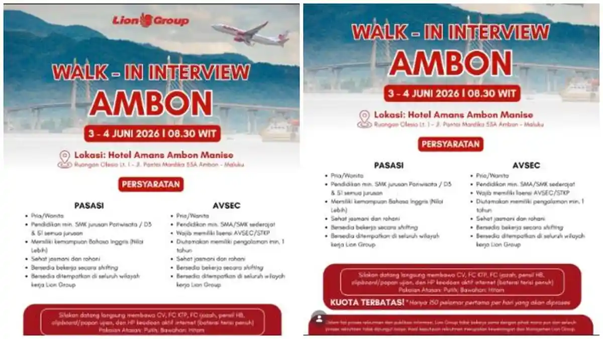Loker Ambon untuk Lulusan SMA: Walk In Interview Lion Air Group di Hotel Amans 3 - 4 Juni 2026