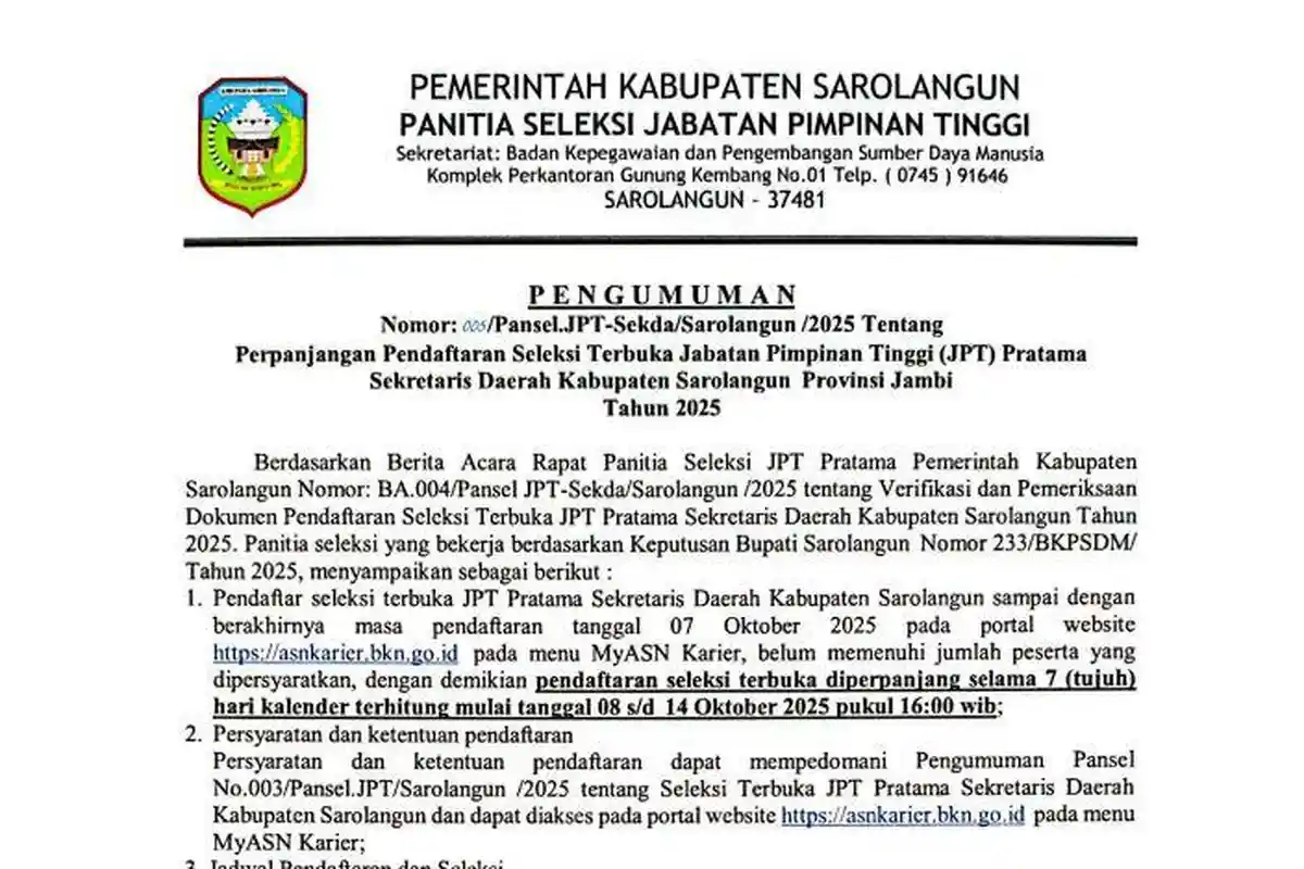 Daftar 5 Nama Peserta Lelang Jabatan Sekda Sarolangun Jambi 2025