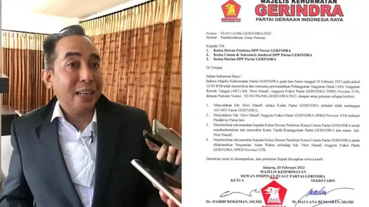 Majelis Kehormatan DPP Partai Gerindra Minta Mori Hanafi Dipecat dan Diganti dari DPRD NTB
