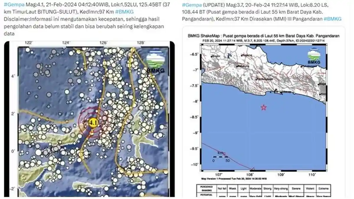 Gempa Terkini Hari Ini, Pusat Gempa di Bitung dan 3.7 Magnitudo di Pangandaran, Info Terbaru BMKG