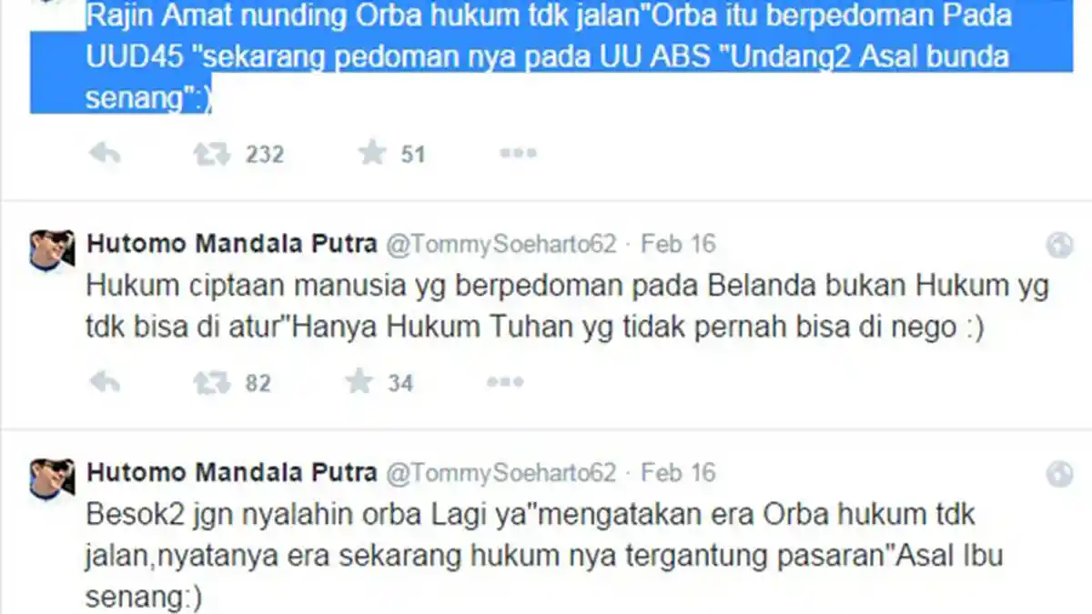 Tommy Soeharto Sebut Hukum Era Jokowi Cuma ABS: 'Asal Bunda Senang'