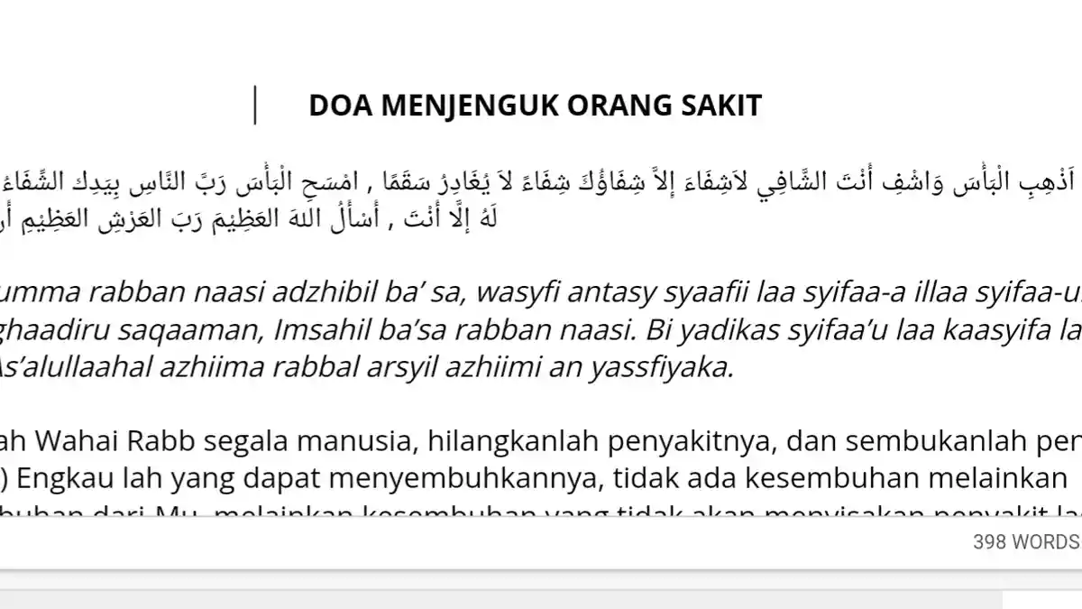 Bacaan Doa Arab dan Latin Saat Menjenguk Sesama Muslim yang Sedang Sakit