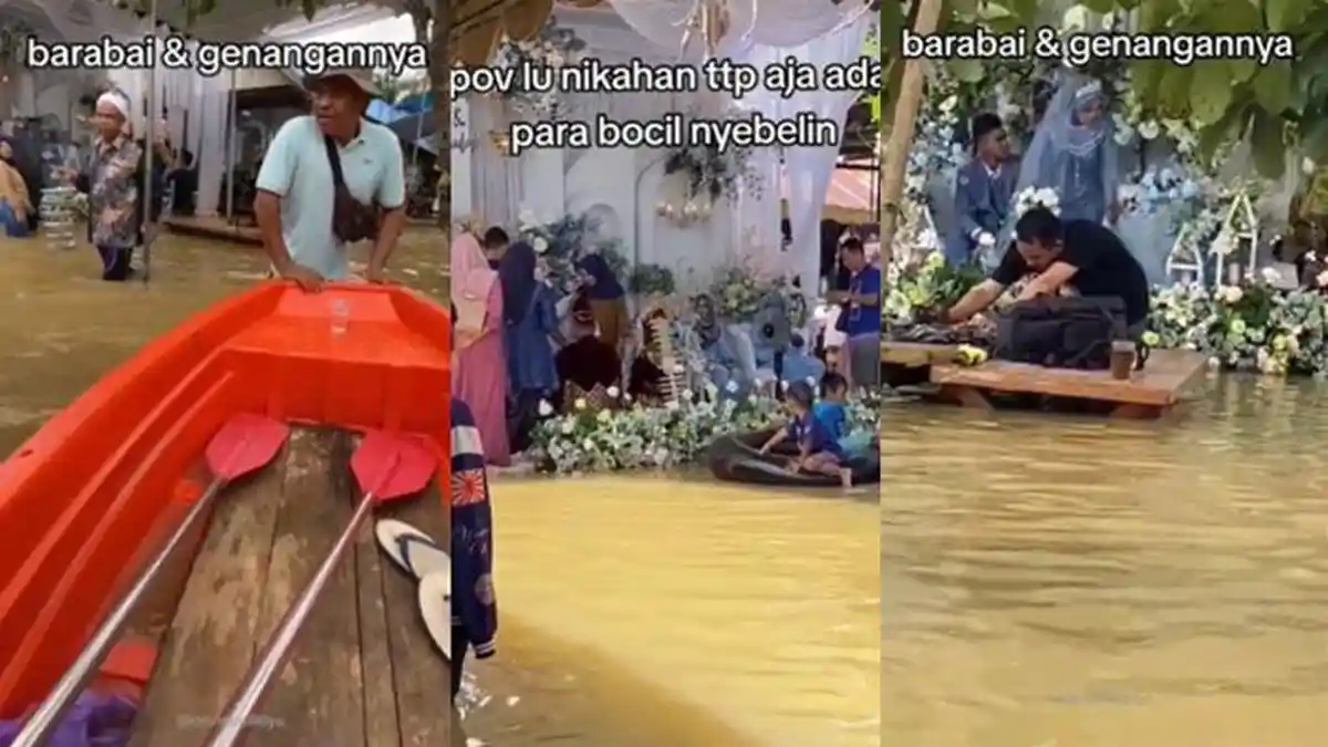 POTRET Pernikahan saat Banjir, Tamu Salaman Naik Sampan ke Pelaminan, Wajah Pengantin Disorot