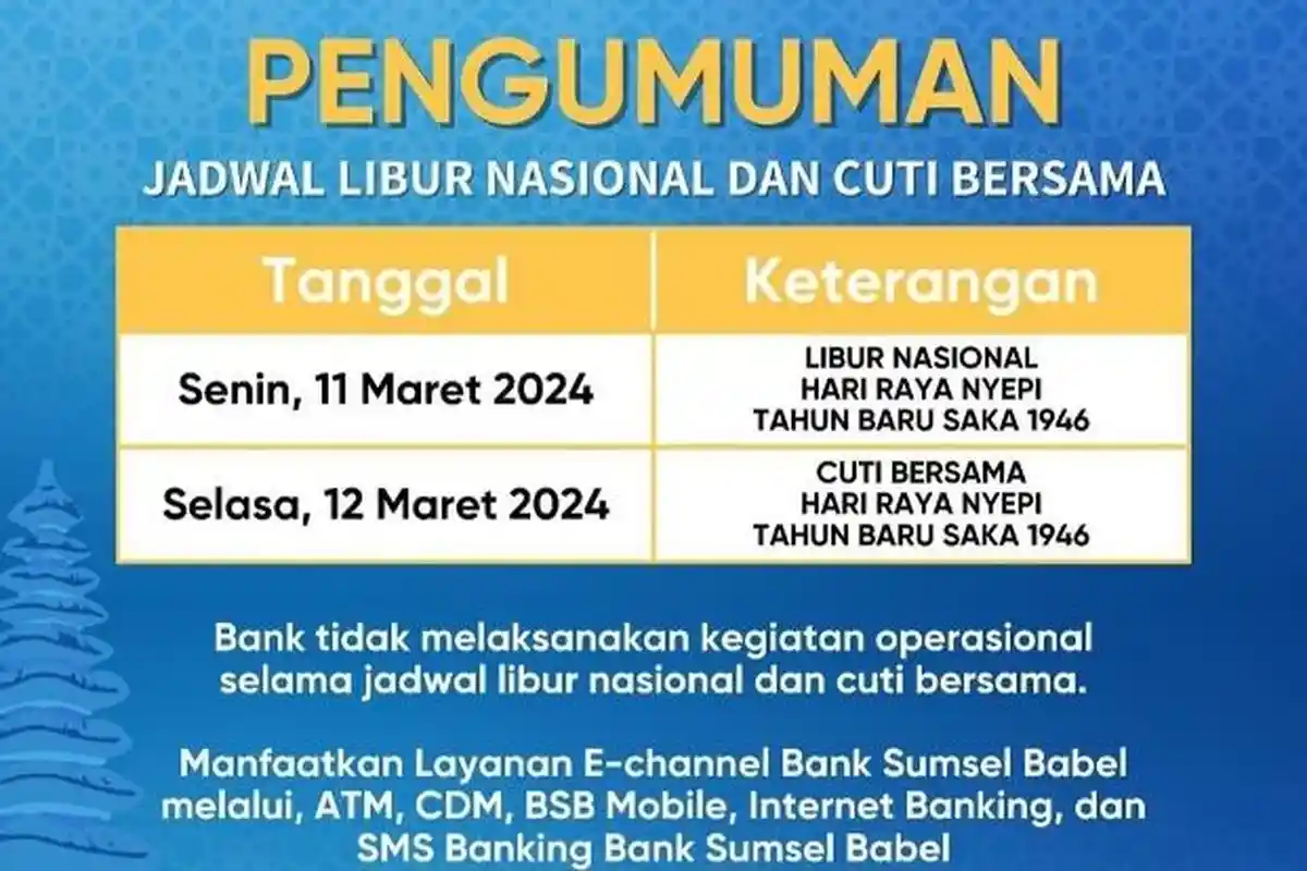 Libur Panjang Nasional, Bank SumselBabel Operasional Kembali Rabu 13 Maret 2024