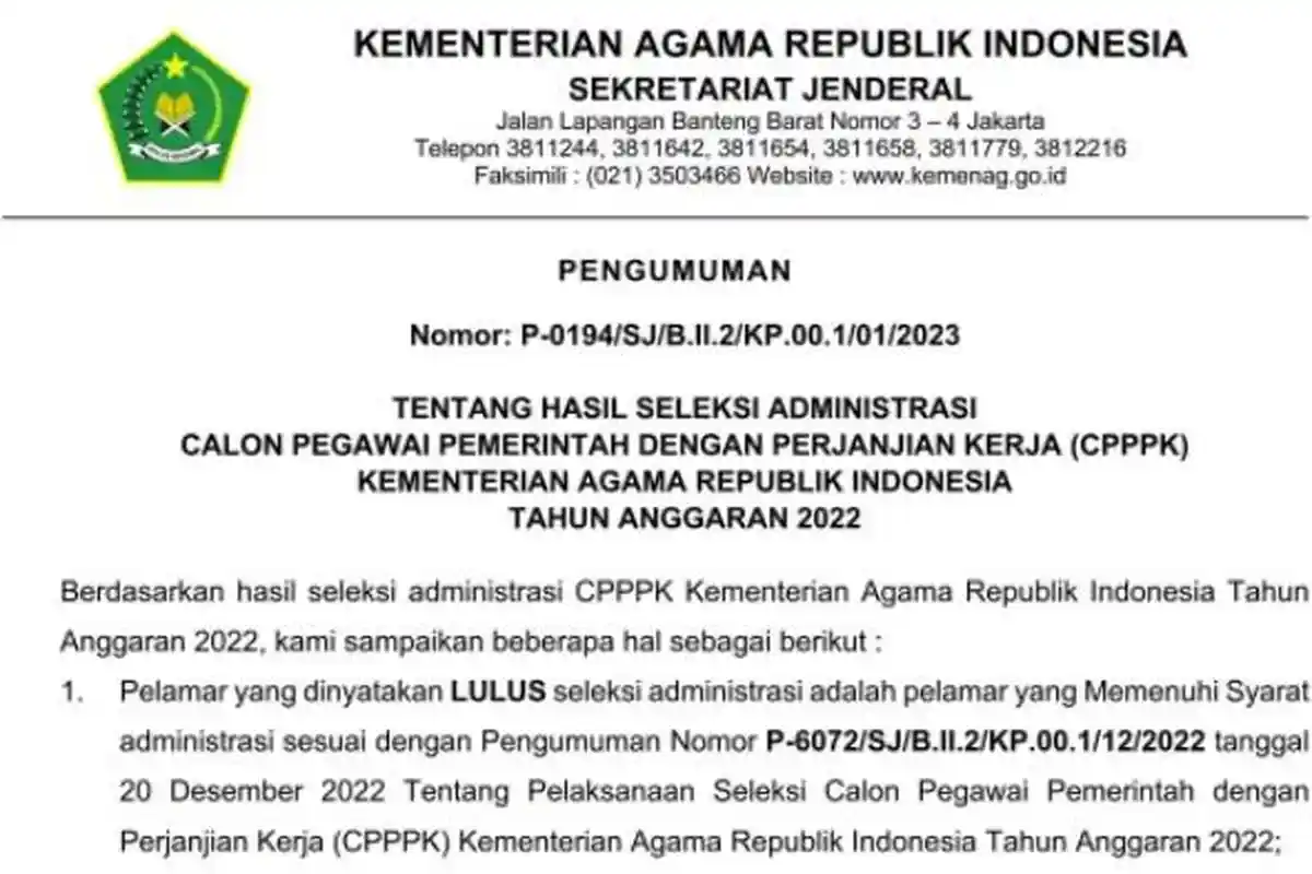Hasil Seleksi Administrasi PPPK Kemenag 2022, Link Cek Pengumuman, Penjelasan terkait Masa Sanggah