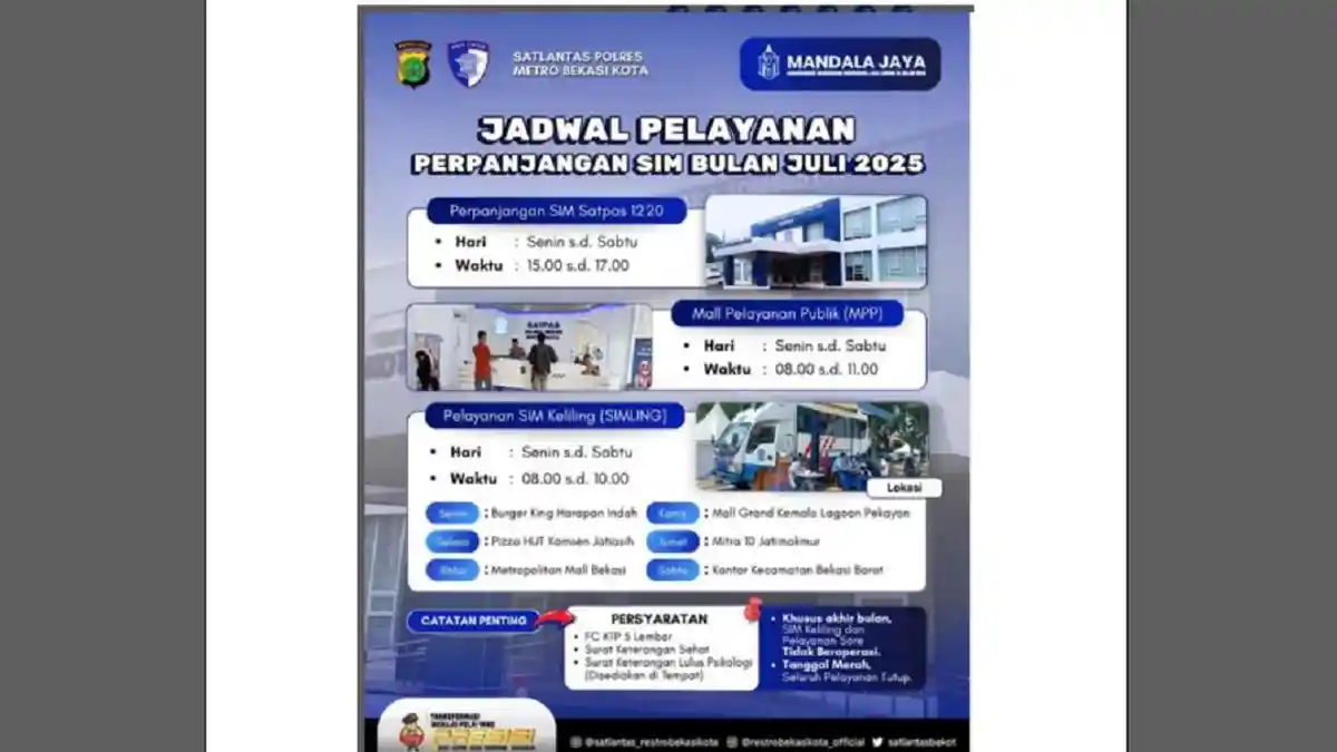 SIM Keliling Kota Bekasi, Jumat ini, 4 Juli 2025 Hanya Berlangsung Sampai Pukul 10.00