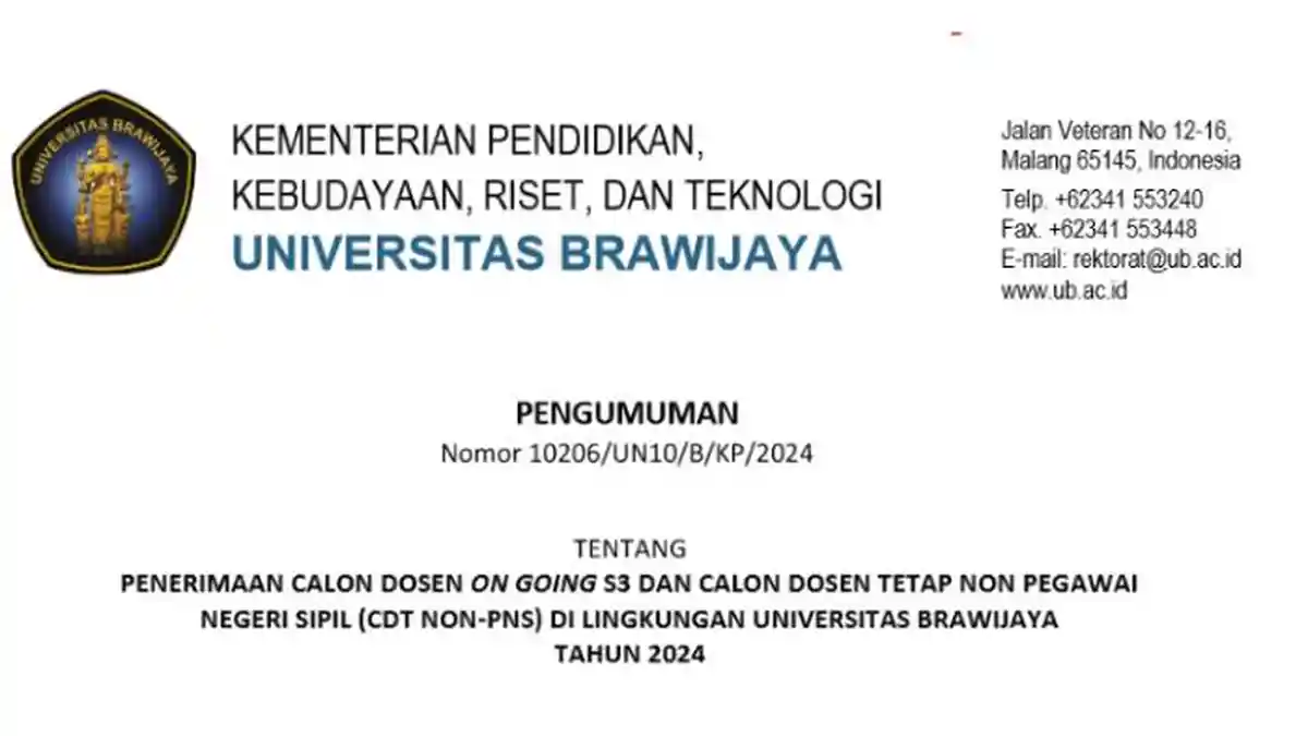 UB Buka Lowongan Kerja Dosen Tetap Non PNS, Berikut Persyaratan dan Cara Daftarnya