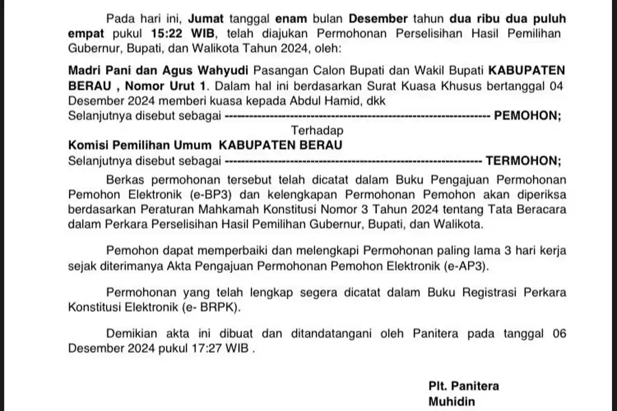 Paslon Madri Pani-Agus Wahyudi Ajukan Permohonan Perselisihan Pilkada Berau 2024 ke MK